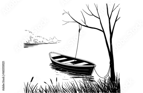 Black and white ink drawing of a rowboat tied to a tree by a rope vector