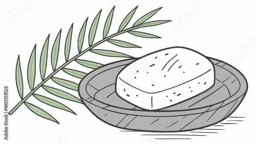 Handmade soap bar on dish with olive branch vector illustration for beauty and bath product advertisement