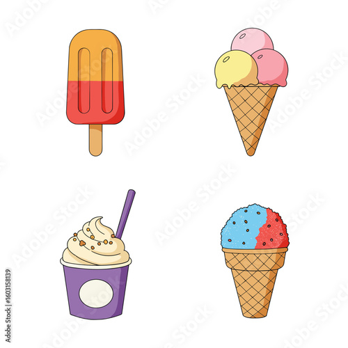 Illustration of four different frozen desserts on transparent background
