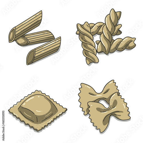 Assortment of pasta shapes: penne, rotini, ravioli, and farfalle on transparent background