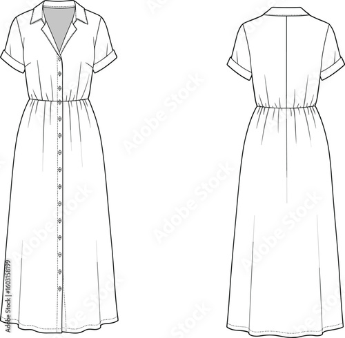 Flat sketch of button-down midi shirt dress with short sleeves, collar and gathered waist, women’s casual fashion design technical drawing template