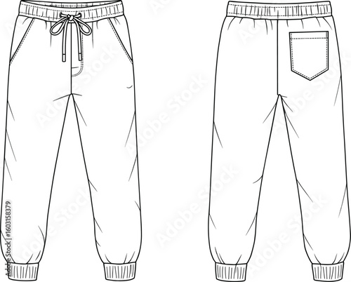 Technical flat sketch of unisex jogger pants with drawstring, cuffed hem and back pocket, casual loungewear design for fashion apparel template