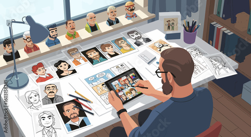 Cartoonist at work, drawing comic book panels on a digital tablet with character sketches