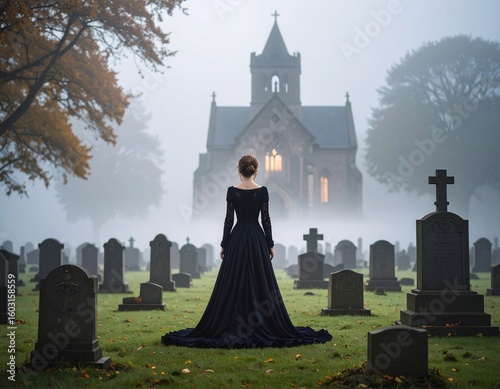 Woman in black dress standing in foggy cemetery facing church with gravestones and autumn tree leaves
