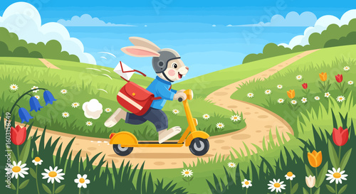 Cheerful Bunny Postman Delivering Mail on a Sunny Scooter Ride