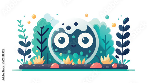 Eco-cute vector illustration of adorable blue amoeba exploring soil in lush green foliage, soil microfauna and biodiversity concept