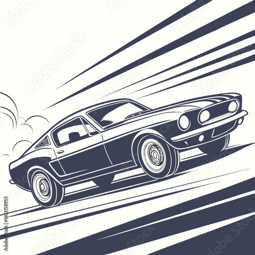 Retro Racing Car: A sleek, retro-style car, illustrated in monochrome, embodies speed and dynamism as it races along a stylized track, capturing the thrill of classic automotive design.