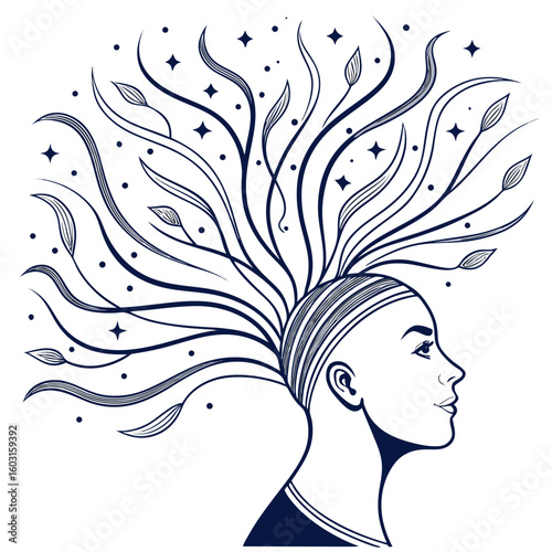Dream Weaver: A captivating illustration portraying a woman's profile, with flowing lines and celestial elements symbolizing creativity, imagination, and inner thoughts. 