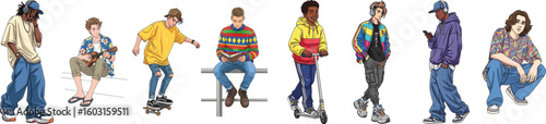 Urban lifestyle featuring diverse teenagers with skateboards and scooters on white backdrop. Urban lifestyle illustration presents young individuals engaged in skating, scootering,