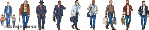 Diverse men walking, depicting various ages and styles on white background. People of different ages walk, including businessmen, students, and retirees with various accessories like bags and phones.