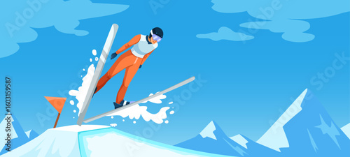 Athlete in orange ski suit jumps off snowy ramp with skis spread in air, flat cartoon style, blue sky and mountain background, winter sports concept. Vector illustration