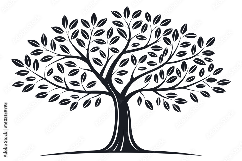 Obraz premium Black and white tree with symmetrical branches and leaves