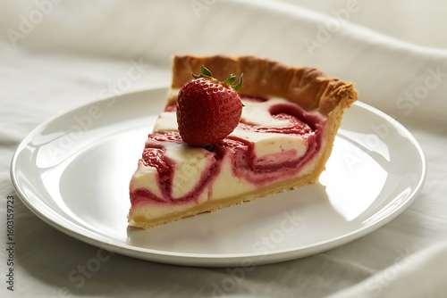 Strawberry Swirl Cheesecake Slice with Fresh Berry Garnish on White Plate Homemade Dessert Food Photography Restaurant Quality Sweet Treat