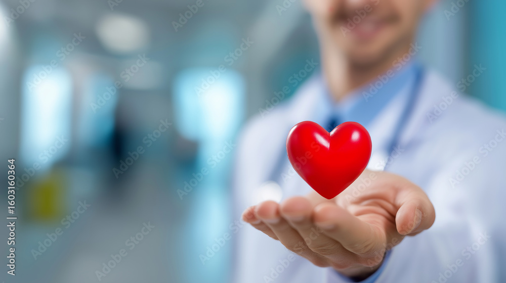 A blurry doctor in a white coat holds out an open hand with a vibrant red heart floating above it, symbolizing healthcare and compassion.
A blurry doctor in a white coat holds out an open hand with a vibrant red heart floating above it, symbolizing healthcare and compassion.