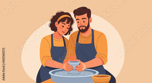 Couple shaping clay on a pottery wheel, wearing aprons, creating art together.