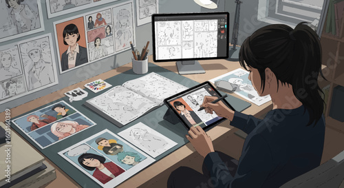 Comic Artist Working on Digital Tablet, Surrounded by Storyboards and Sketches