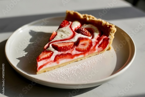 Strawberry Cream Tart Slice with Swirled Filling and Powdered Sugar on White Plate Gourmet Dessert Food Photography Restaurant Quality