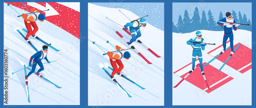 Group of biathlon skiers skiing downhill and shooting rifles in snow, flat graphic style, snowy forest background. Concept of winter sports. Vector illustration