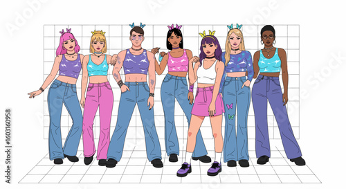 Diverse Group of Fashionable Individuals Posing Together in Stylish Outfits.