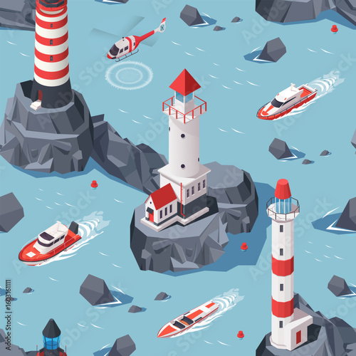 Pattern featuring lighthouses, ships, and rocks in sea with clean geometric style on light blue background. Concept of maritime navigation. Vector illustration