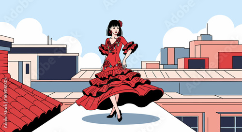 Elegant Flamenco Dancer in Red Ruffled Dress with Rose Embellishments on Rooftop