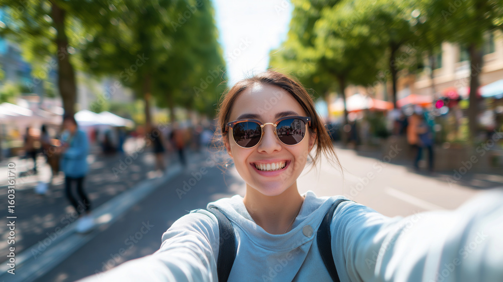 Fototapeta premium A happy young woman with blonde hair and a colorful top takes a selfie on a vibrant city street. 