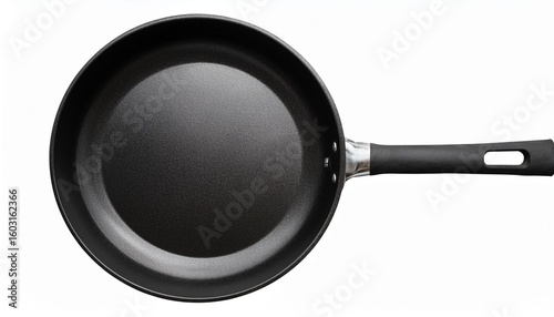 frying pan presented with a top view displays its sleek black silhouette against transparency