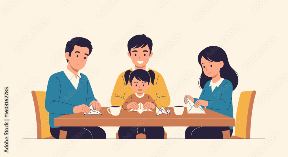 Family crafting origami together at a wooden table, creating paper airplanes and sharing a warm moment. Family crafting origami together at a wooden table, creating paper airplanes and sharing a warm moment.