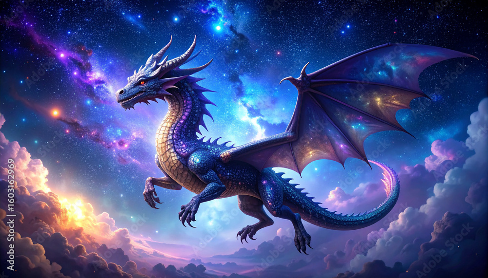Fototapeta premium Cosmic Stardust Dragon Flying Through Nebula. Ethereal Fantasy Illustration