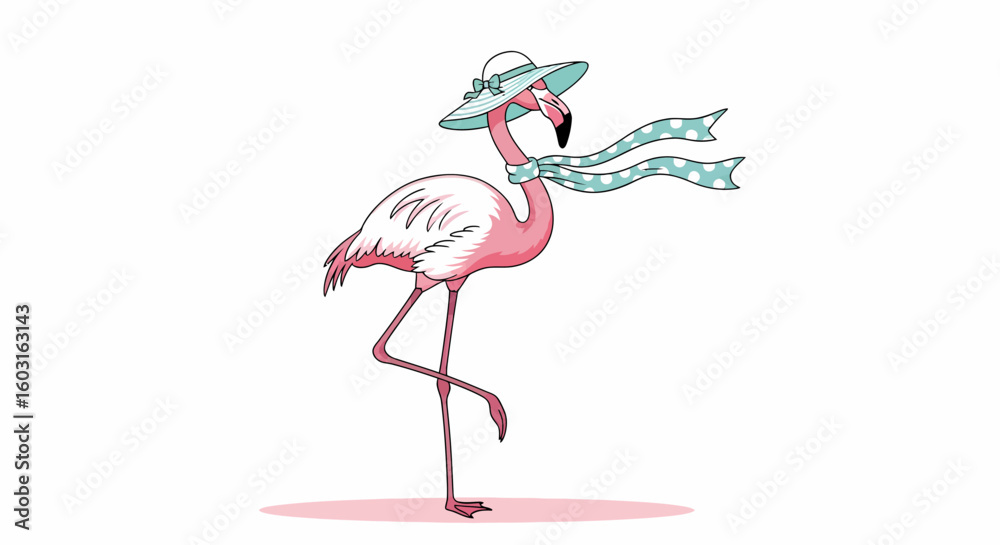 Obraz premium Fashionable Flamingo in a Hat and Scarf, Standing Gracefully on One Leg