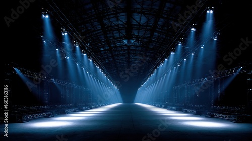 Empty runway illuminated by spotlights in a large hall.