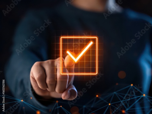 Hand selecting a glowing checkmark within a digital interface for approval