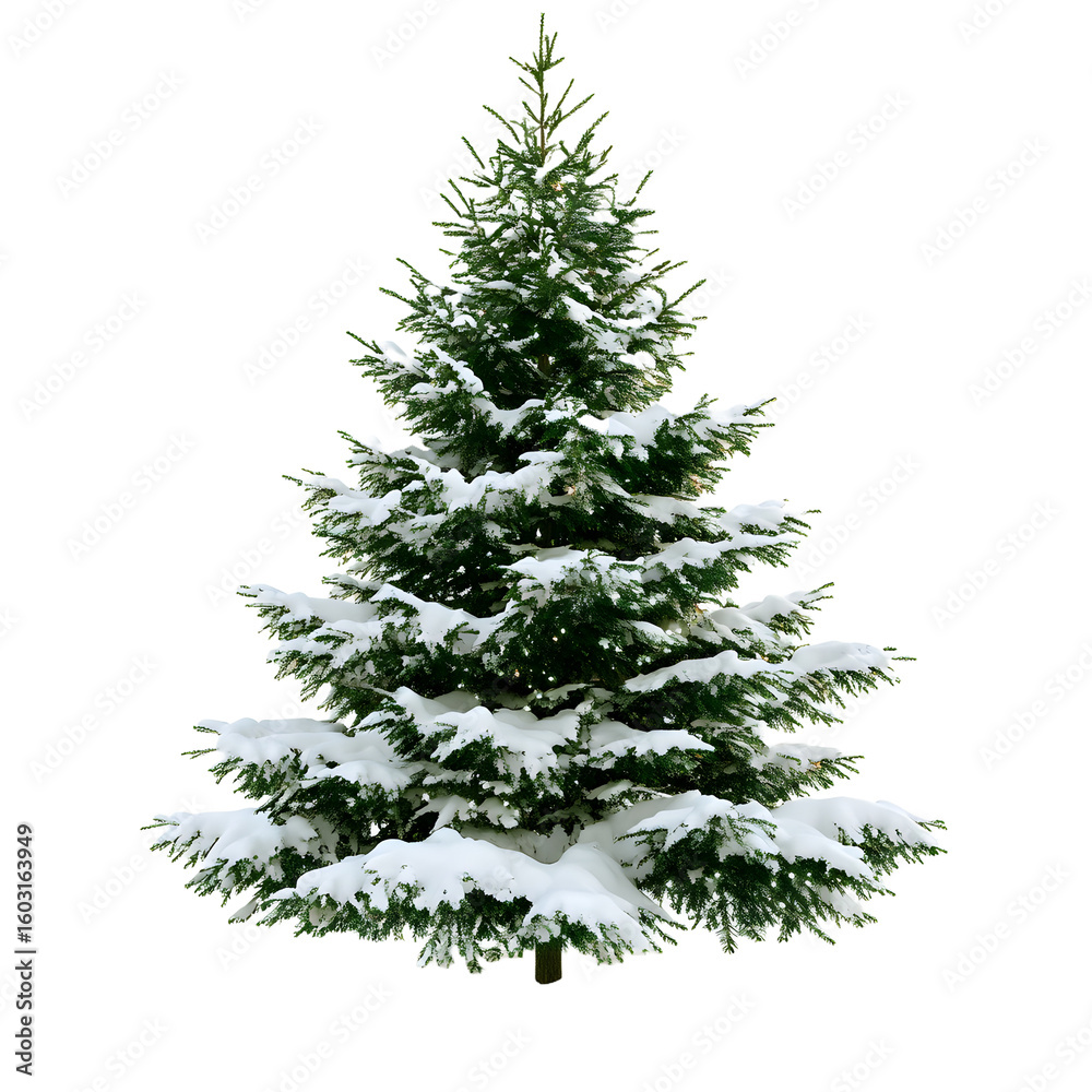 Fototapeta premium A beautifully shaped evergreen fir tree covered in fresh white snow isolated on transparent background