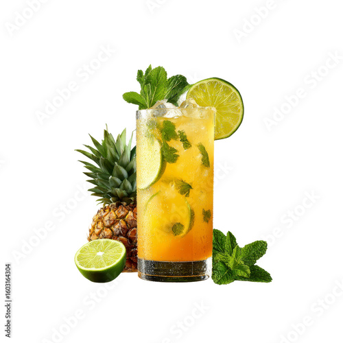 Refreshing Pineapple Mint Lime Cocktail in Tall Glass with Garnish