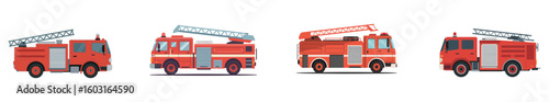 Four red fire trucks with extended ladders on white background