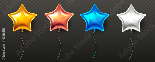 Glossy star-shaped balloons in gold, red, blue, and white with strings on transparent dark background. Concept of celebration. Vector illustration
