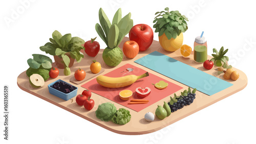 Vibrant healthy lifestyle setup featuring fresh fruits vegetables green smoothie and yoga mat perfect for wellness content and healthy living inspiration