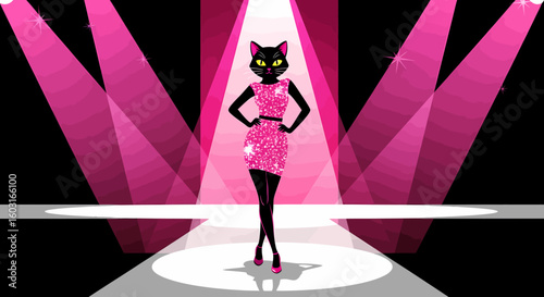 Glamorous Cat Fashion Model Posing Under Stage Spotlights, Ready to Strut