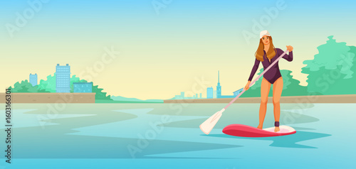 Woman standing on paddleboard paddling on calm water, flat cartoon style, city and trees in background. Concept of urban water sport. Vector illustration