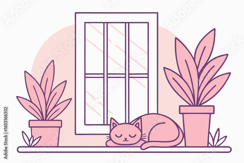 Pink cat sleeping near potted plants on windowsill