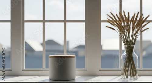 A bright window sill with a vase of wheat and a decorative jar  overlooking a suburban neighborhood