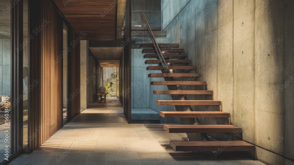 Fototapeta premium A sleek wooden staircase with minimalistic design, leading upward in a simple, open-concept home, bathed in soft natural light