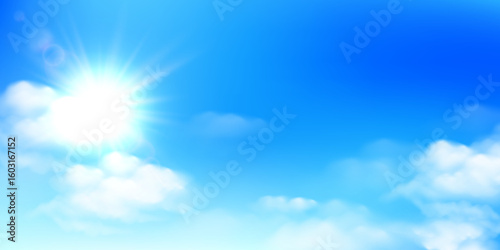 Bright sun shining through soft white clouds in a vibrant blue sky background, symbolizing a sunny weather or peaceful summer day. Vector illustration