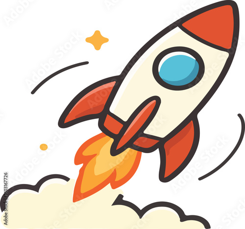 Cartoon Rocket Launching – Fun Spacecraft Icon with Fire and Smoke Trail

