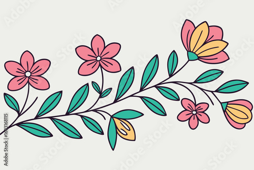 Pink yellow and teal stylized flowers and leaves border