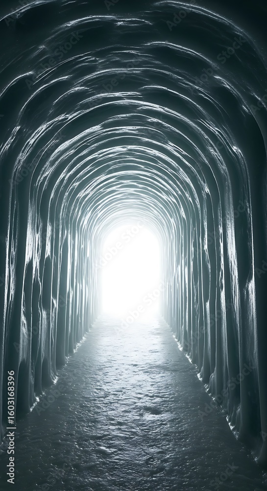 Obraz premium Ice Cave Tunnel with Bright Light at End Cold Winter Scene