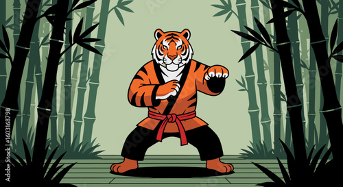Martial Arts Tiger in Orange Gi Posing in Bamboo Forest