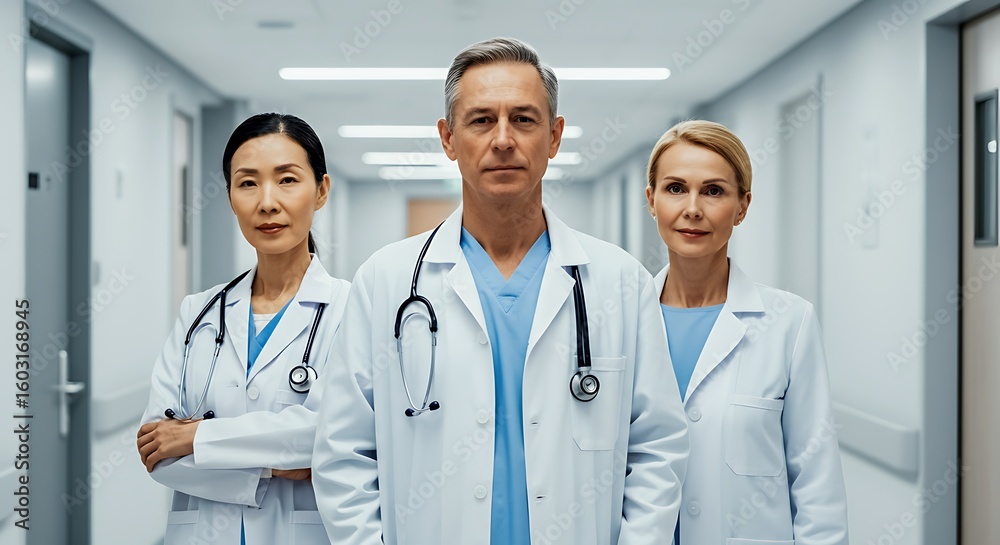Fototapeta premium Confident team of doctors standing in hospital hallway ready to provide excellent medical care and support for their patients health and well being