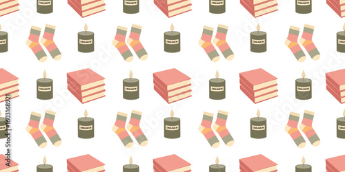 Seasonal fall seamless pattern featuring books, candles and socks in flat style. Autumn vector illustration for digital use and printable, social media, banners