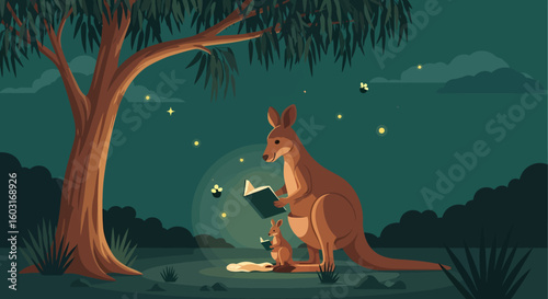 Mother Kangaroo and Joey Reading Books Under a Glowing Tree at Night